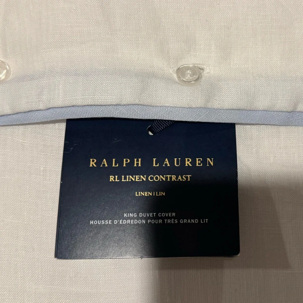 Brand New Ralph Lauren RL Linen Contrast King Duvet Cover 100% Linen White/‎ Sky